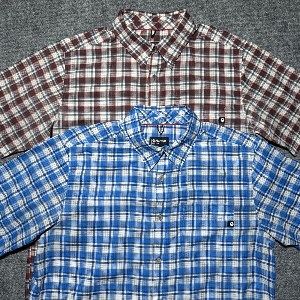 Marmot Short Sleeve Breathable Hiking Button Up Shirt Plaid Lot of 2 Men Size L